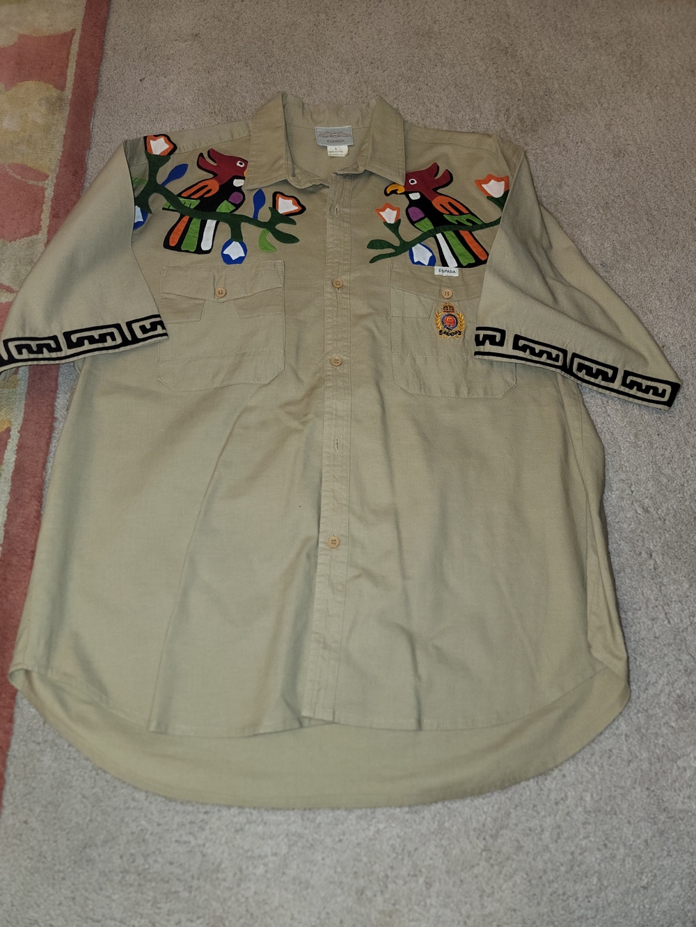 Beige Embroidered Women's Button-Down Shirt with Colorful Bird Motif